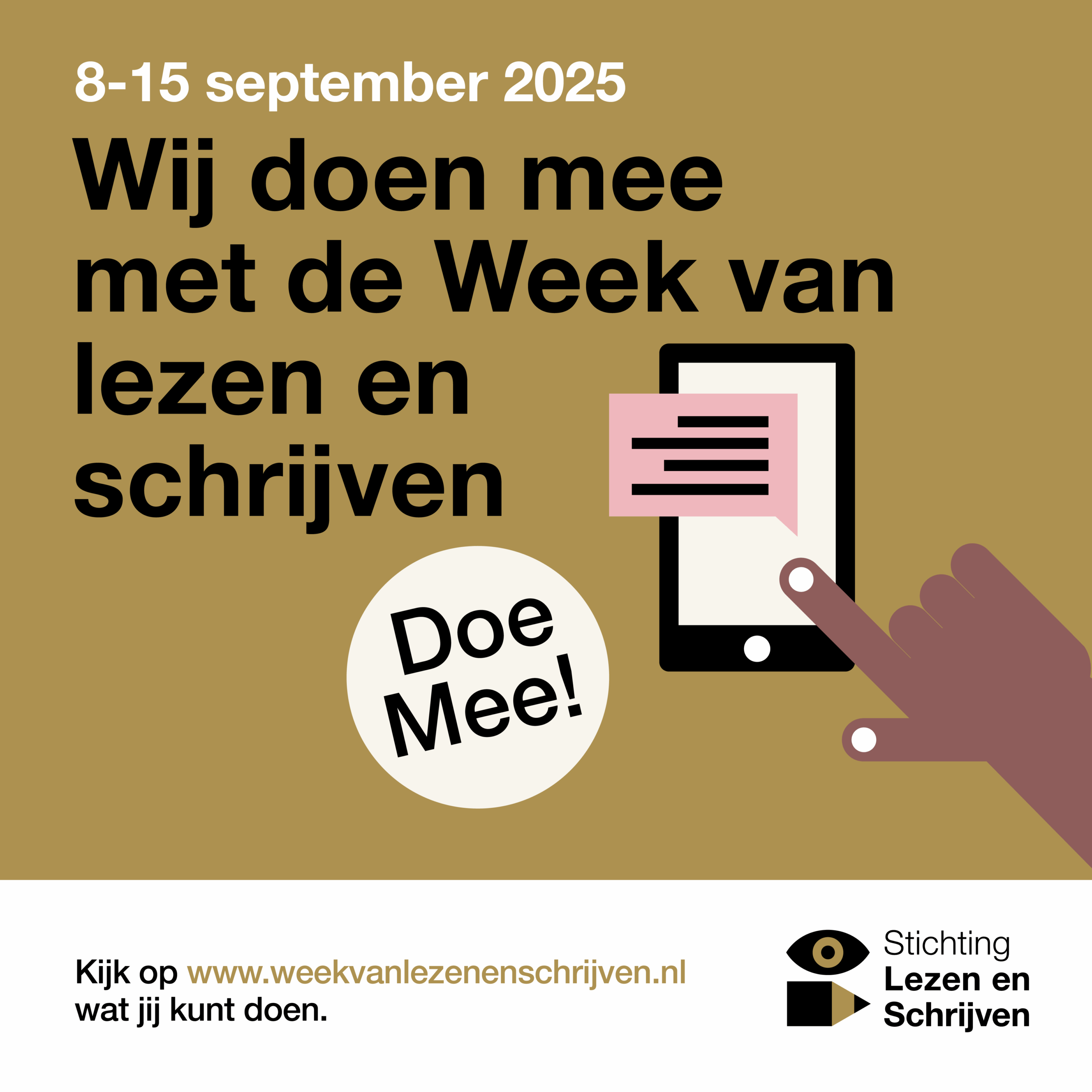 Een banner met bruine achtergrond, een afbeelding van een smartphone en een hand die daarop klikt. Dit is een communicatie uiting voor de week van lezen en schrijven. 8-15 september 2025 Wij doen mee!